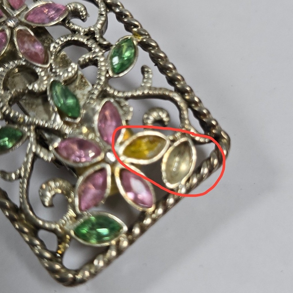 Vintage Filigree Hair Barrette Silver Tone Pink Green Rhinestone French Clip - Picture 4 of 5